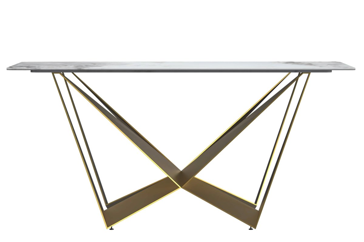 Nuvor Dining Table with Rectangular Sintered Stone/Glass Tabletop and Gold Steel Legs