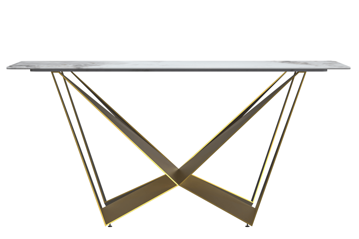Nuvor Dining Table with Rectangular Sintered Stone/Glass Tabletop and Gold Steel Legs
