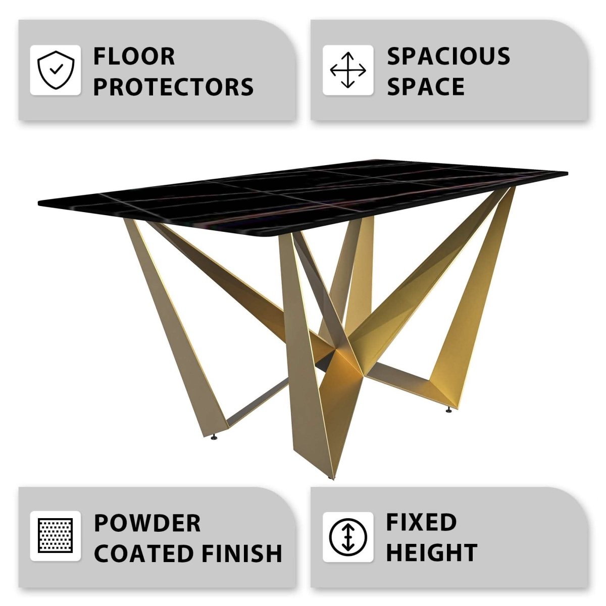 Nuvor Dining Table with Rectangular Sintered Stone/Glass Tabletop and Gold Steel Legs
