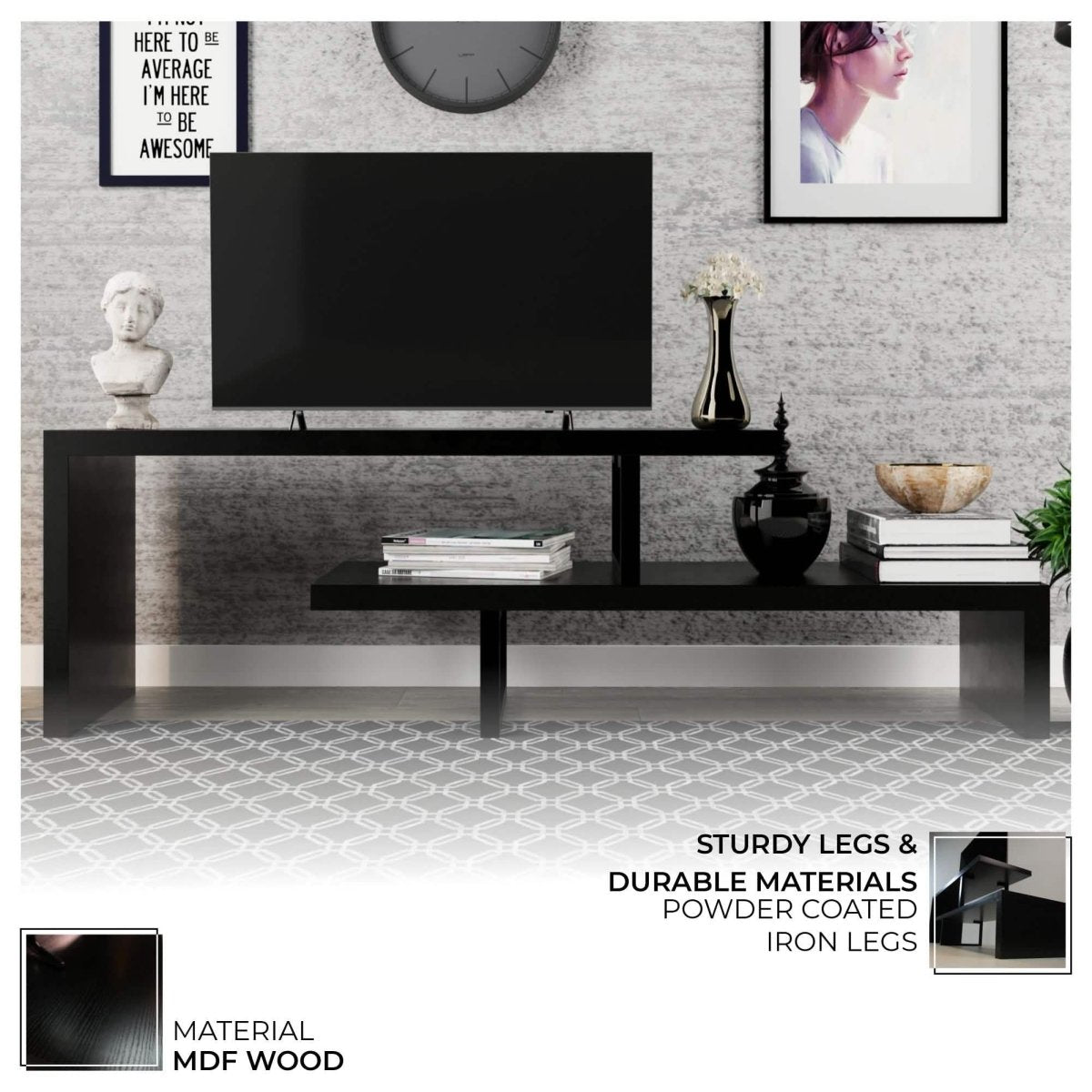 Orford Mid - Century Modern TV Stand with MDF Shelves and Powder Coated Iron Legs for Living Room