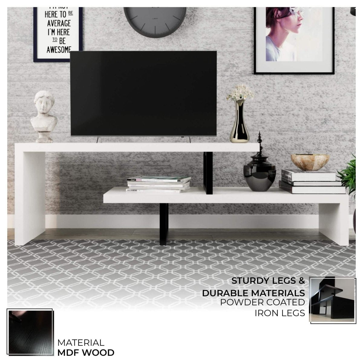 Orford Mid - Century Modern TV Stand with MDF Shelves and Powder Coated Iron Legs for Living Room