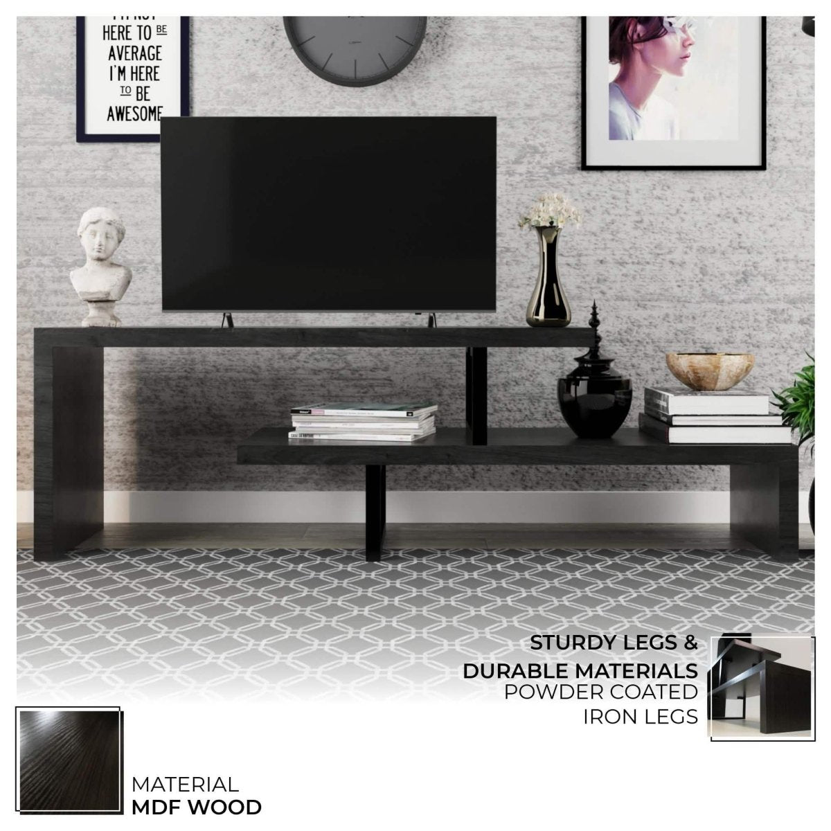 Orford Mid - Century Modern TV Stand with MDF Shelves and Powder Coated Iron Legs for Living Room