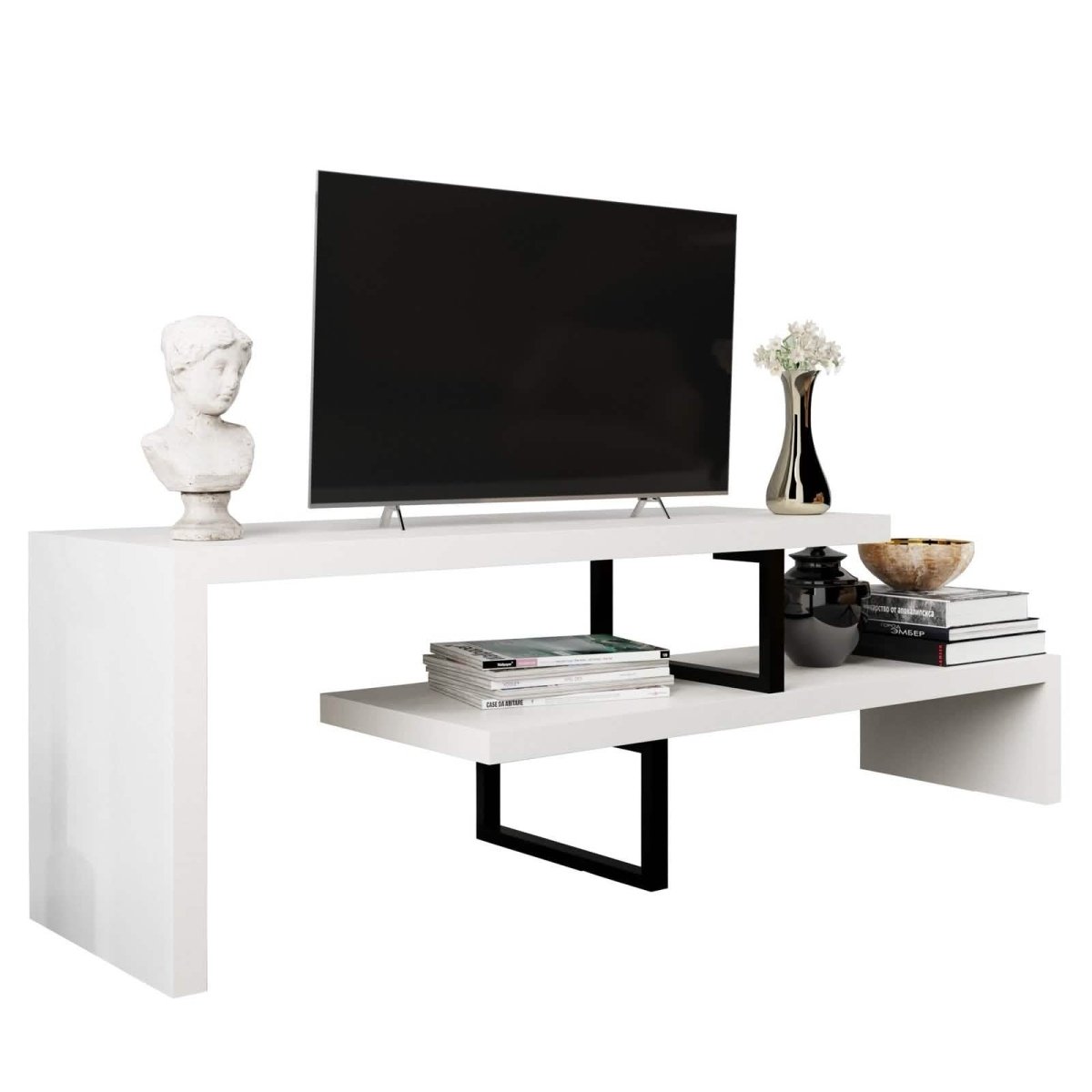 Orford Mid - Century Modern TV Stand with MDF Shelves and Powder Coated Iron Legs for Living Room