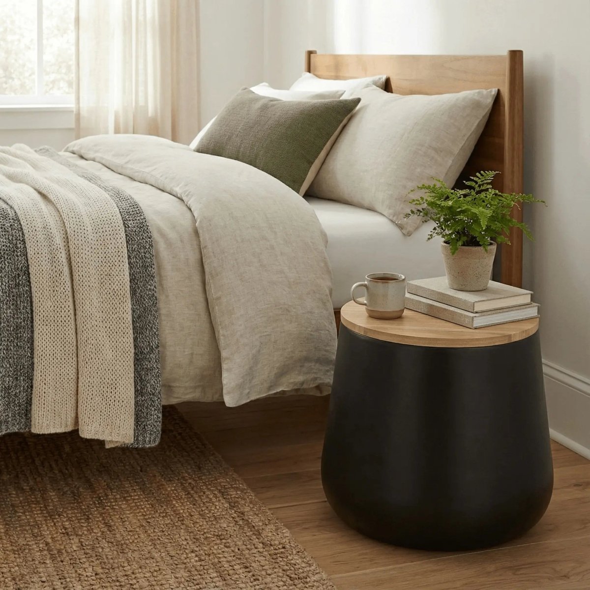 Orunel Modern Round Fiberstone Side Table with Hidden Storage – Indoor Outdoor Accent Table