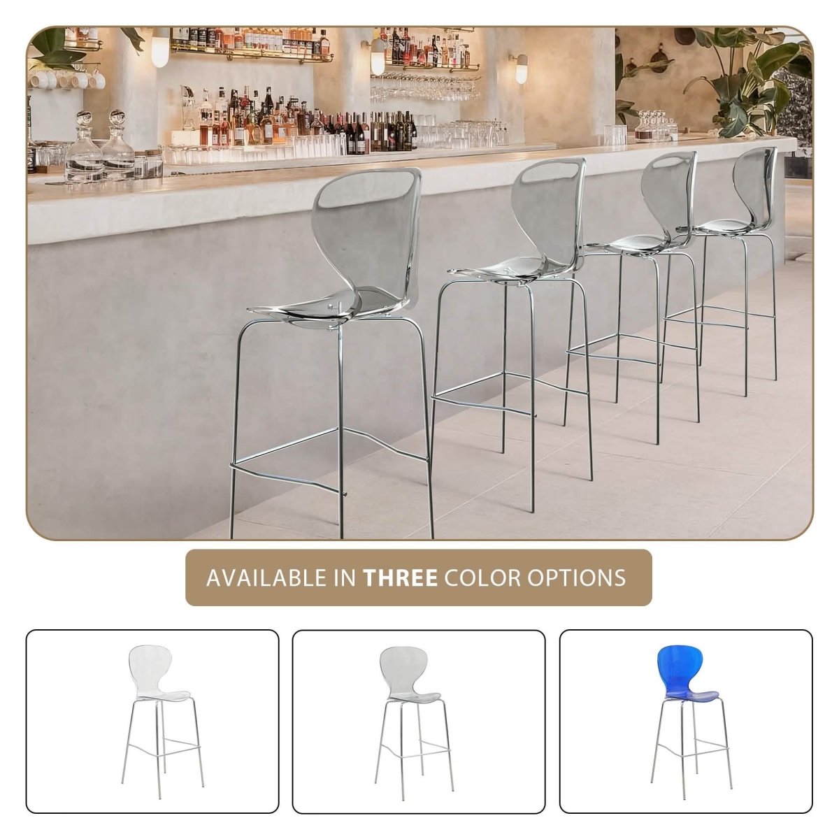 Oyster Mid - Century Modern Acrylic Barstool with Steel Frame in Chrome