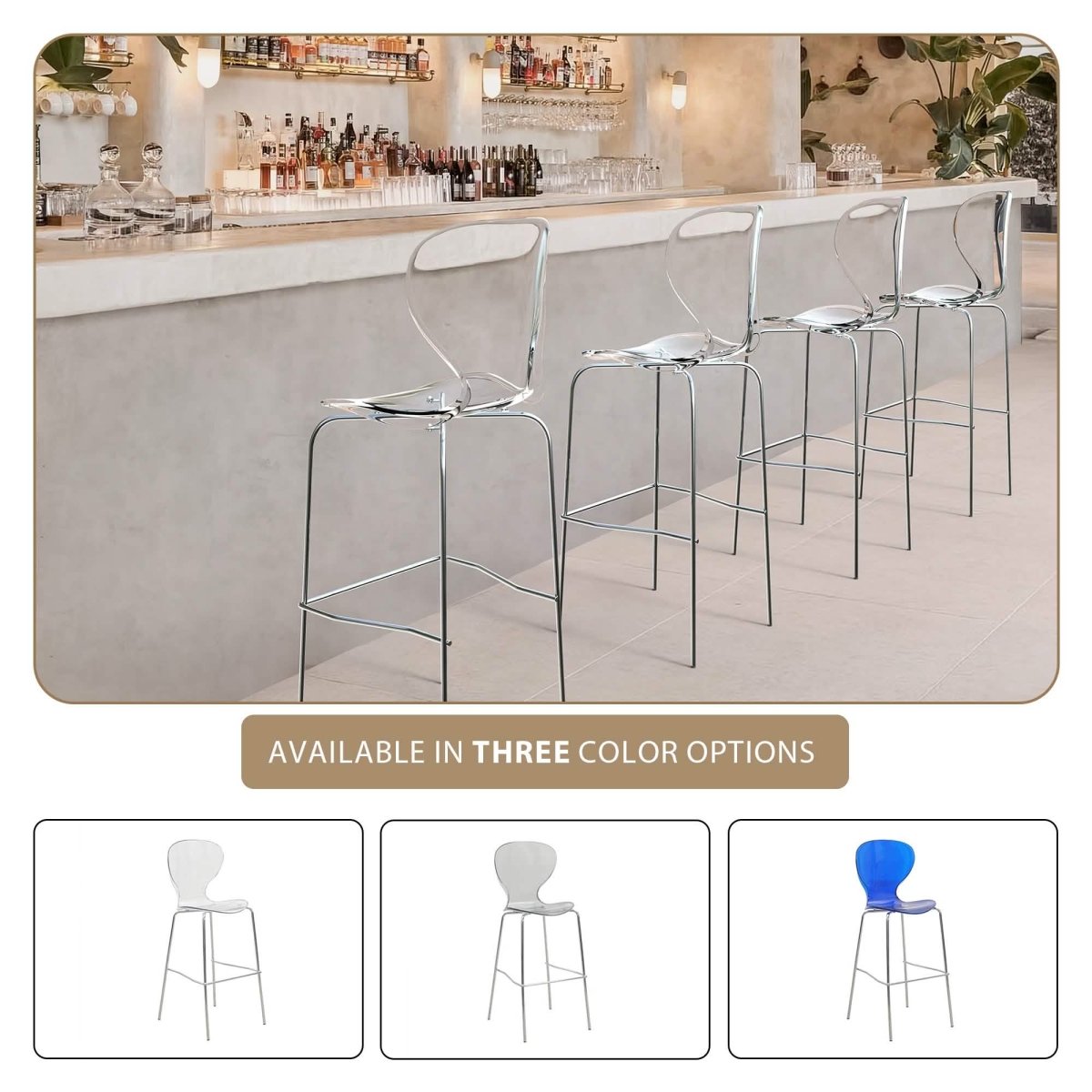 Oyster Mid - Century Modern Acrylic Barstool with Steel Frame in Chrome
