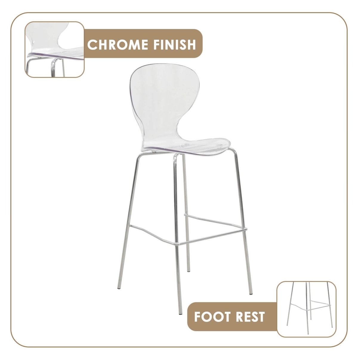 Oyster Mid - Century Modern Acrylic Barstool with Steel Frame in Chrome