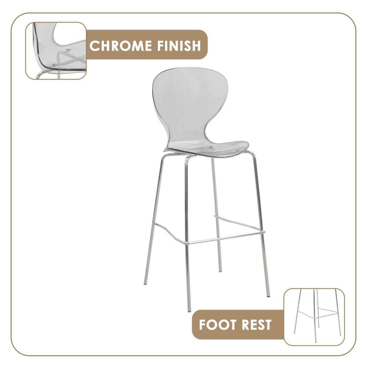 Oyster Mid - Century Modern Acrylic Barstool with Steel Frame in Chrome