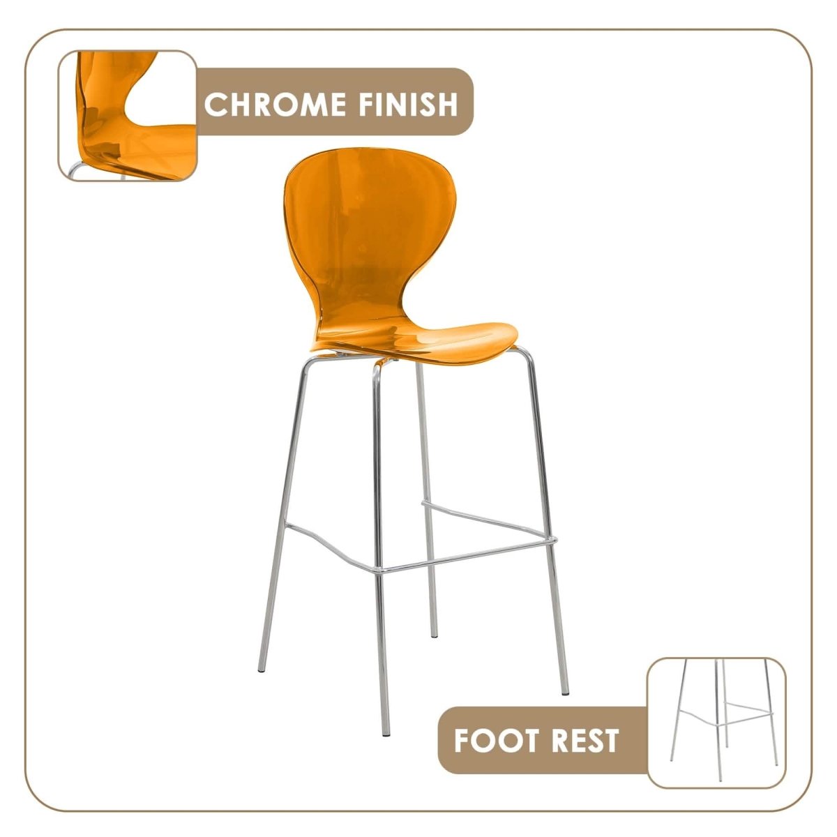 Oyster Mid - Century Modern Acrylic Barstool with Steel Frame in Chrome