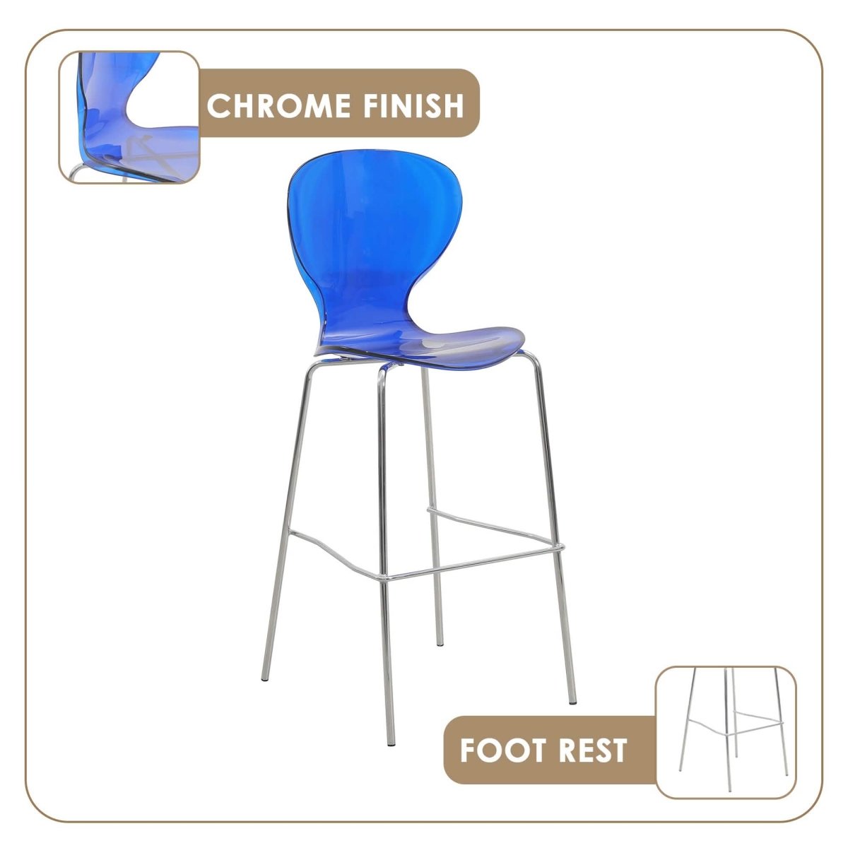 Oyster Mid - Century Modern Acrylic Barstool with Steel Frame in Chrome