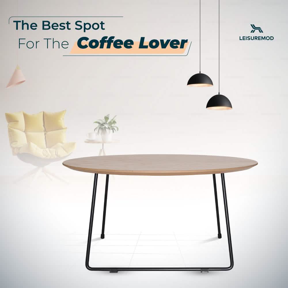 Pemborke Round Coffee Table with Oak Wood Tabletop in Iron