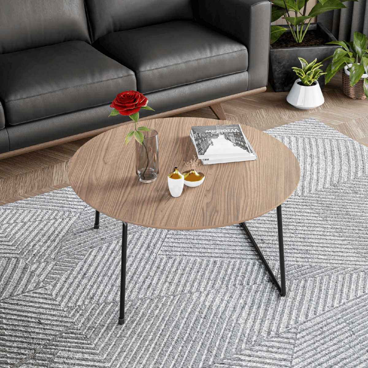 Pemborke Round Coffee Table with Oak Wood Tabletop in Iron