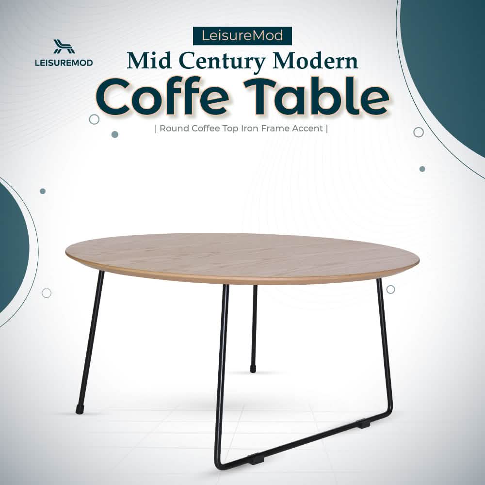 Pemborke Round Coffee Table with Oak Wood Tabletop in Iron