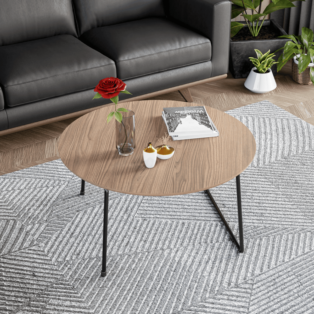 Pemborke Round Coffee Table with Oak Wood Tabletop in Iron