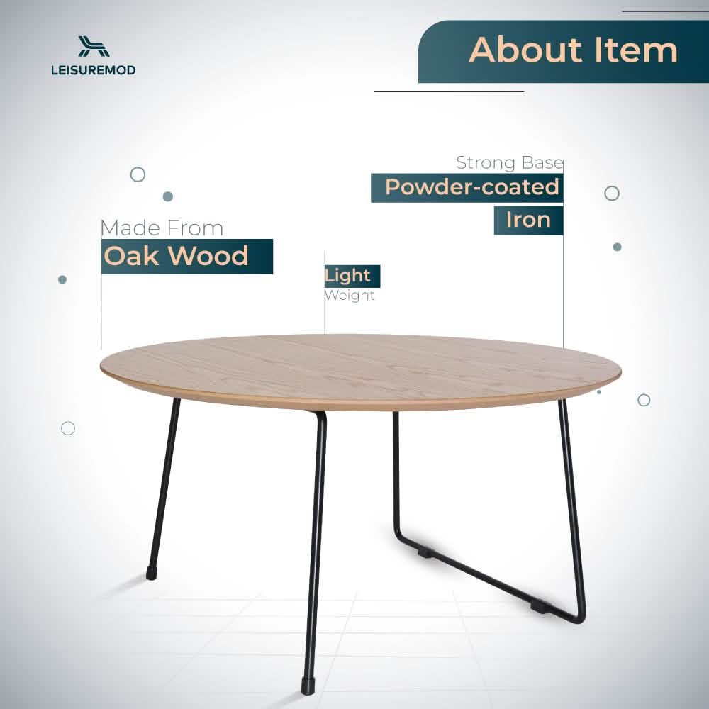 Pemborke Round Coffee Table with Oak Wood Tabletop in Iron