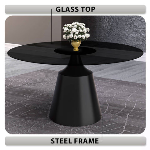 Prynn Modern Round Dining Table with a Sintered Stone/Glass Top in Black Stainless Steel Base