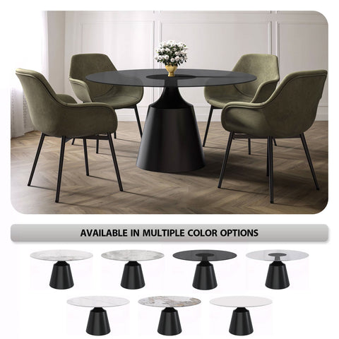 Prynn Modern Round Dining Table with a Sintered Stone/Glass Top in Black Stainless Steel Base