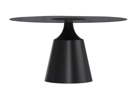 Prynn Modern Round Dining Table with a Sintered Stone/Glass Top in Black Stainless Steel Base
