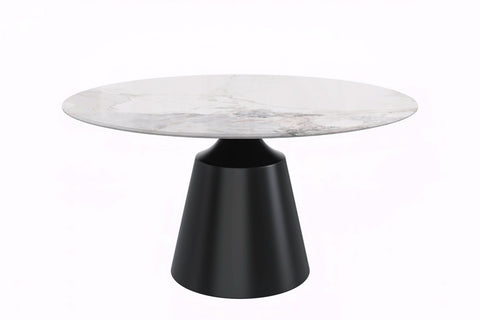 Prynn Modern Round Dining Table with a Sintered Stone/Glass Top in Black Stainless Steel Base