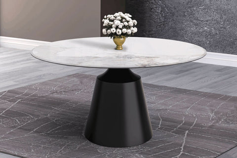 Prynn Modern Round Dining Table with a Sintered Stone/Glass Top in Black Stainless Steel Base
