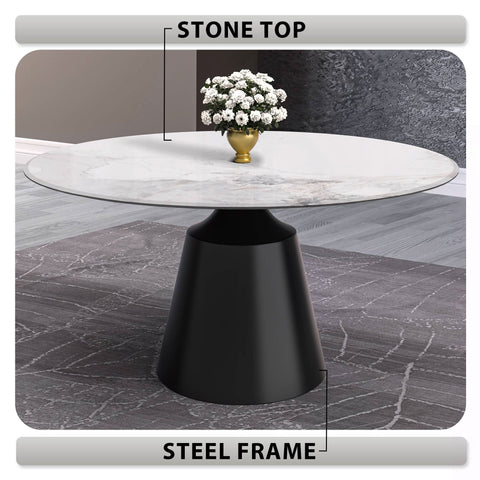 Prynn Modern Round Dining Table with a Sintered Stone/Glass Top in Black Stainless Steel Base