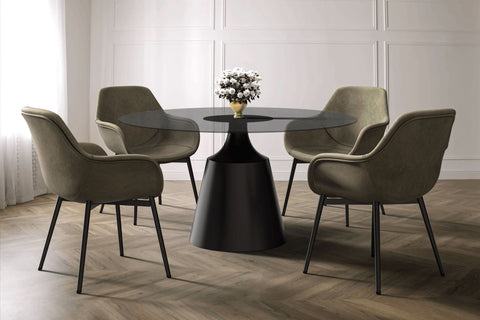 Prynn Modern Round Dining Table with a Sintered Stone/Glass Top in Black Stainless Steel Base