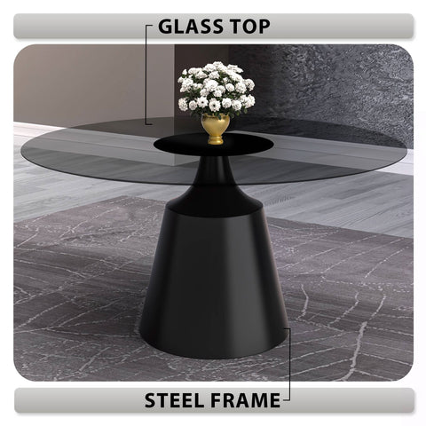 Prynn Modern Round Dining Table with a Sintered Stone/Glass Top in Black Stainless Steel Base