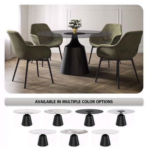 Prynn Modern Round Dining Table with a Sintered Stone/Glass Top in Black Stainless Steel Base