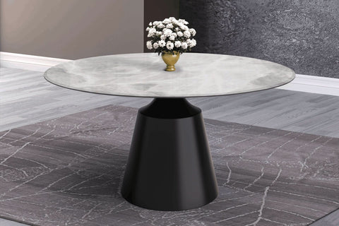 Prynn Modern Round Dining Table with a Sintered Stone/Glass Top in Black Stainless Steel Base