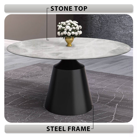 Prynn Modern Round Dining Table with a Sintered Stone/Glass Top in Black Stainless Steel Base