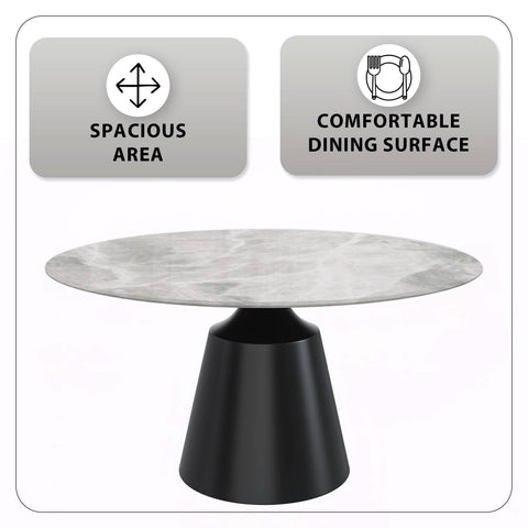 Prynn Modern Round Dining Table with a Sintered Stone/Glass Top in Black Stainless Steel Base