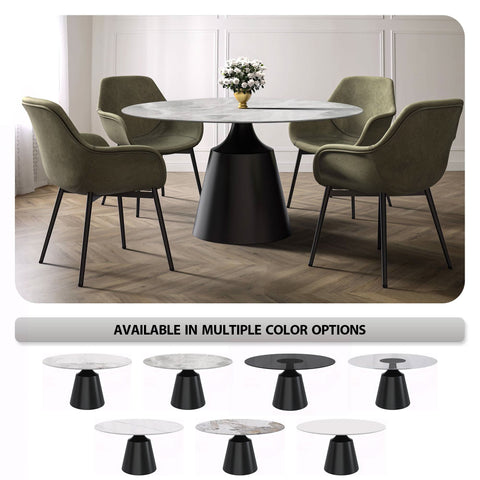 Prynn Modern Round Dining Table with a Sintered Stone/Glass Top in Black Stainless Steel Base