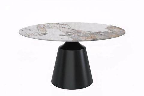 Prynn Modern Round Dining Table with a Sintered Stone/Glass Top in Black Stainless Steel Base