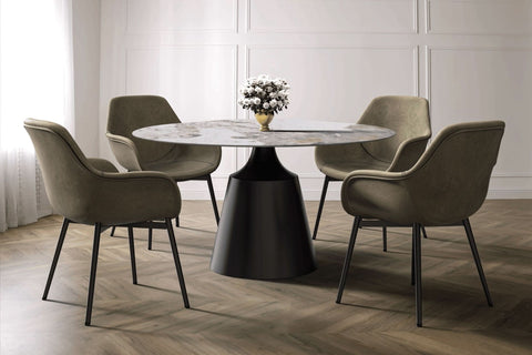 Prynn Modern Round Dining Table with a Sintered Stone/Glass Top in Black Stainless Steel Base