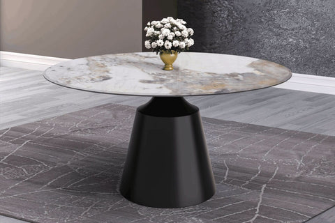 Prynn Modern Round Dining Table with a Sintered Stone/Glass Top in Black Stainless Steel Base