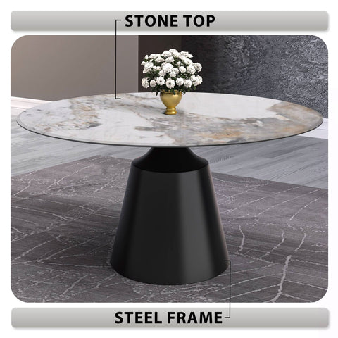 Prynn Modern Round Dining Table with a Sintered Stone/Glass Top in Black Stainless Steel Base