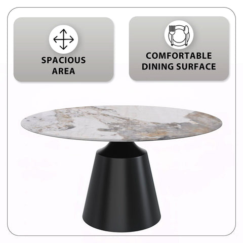 Prynn Modern Round Dining Table with a Sintered Stone/Glass Top in Black Stainless Steel Base
