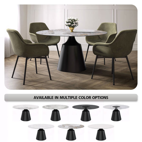Prynn Modern Round Dining Table with a Sintered Stone/Glass Top in Black Stainless Steel Base