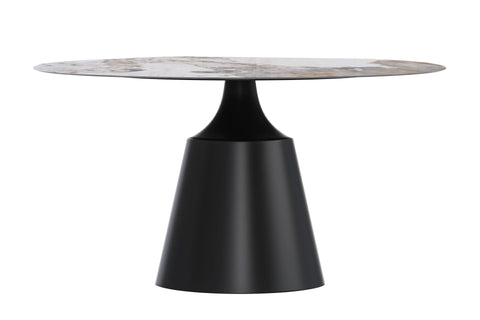 Prynn Modern Round Dining Table with a Sintered Stone/Glass Top in Black Stainless Steel Base