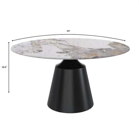Prynn Modern Round Dining Table with a Sintered Stone/Glass Top in Black Stainless Steel Base
