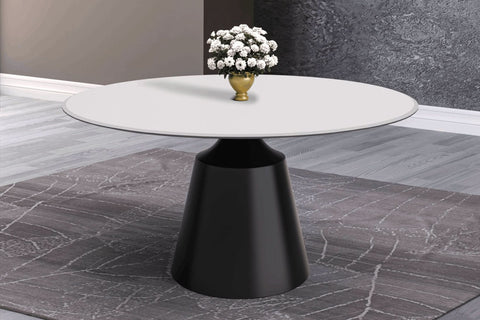 Prynn Modern Round Dining Table with a Sintered Stone/Glass Top in Black Stainless Steel Base