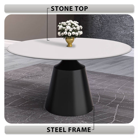 Prynn Modern Round Dining Table with a Sintered Stone/Glass Top in Black Stainless Steel Base
