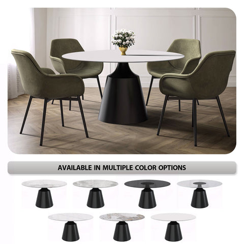 Prynn Modern Round Dining Table with a Sintered Stone/Glass Top in Black Stainless Steel Base
