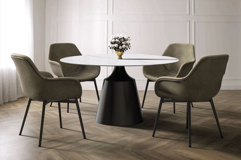 Prynn Modern Round Dining Table with a Sintered Stone/Glass Top in Black Stainless Steel Base