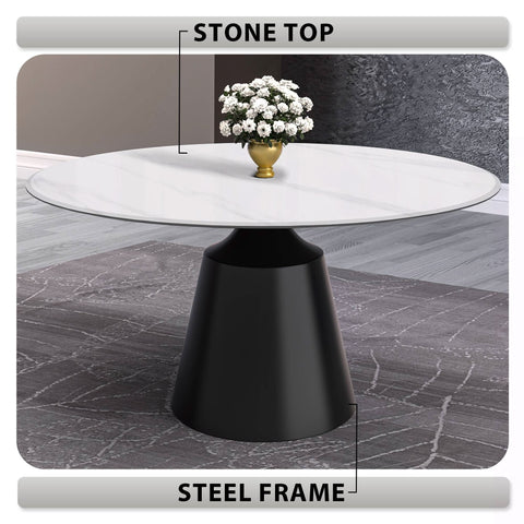 Prynn Modern Round Dining Table with a Sintered Stone/Glass Top in Black Stainless Steel Base