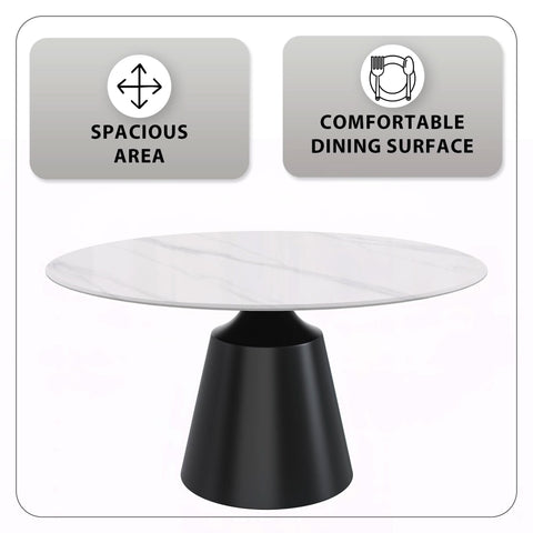 Prynn Modern Round Dining Table with a Sintered Stone/Glass Top in Black Stainless Steel Base
