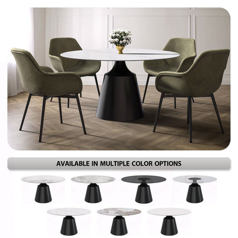 Prynn Modern Round Dining Table with a Sintered Stone/Glass Top in Black Stainless Steel Base