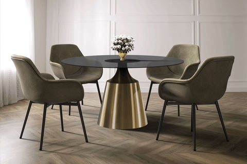 Prynn Modern Round Dining Table with a Sintered Stone/Glass Top in Black Stainless Steel Base