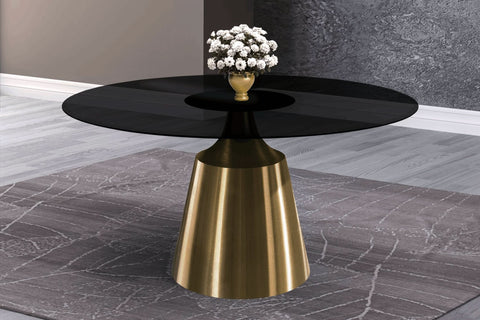 Prynn Modern Round Dining Table with a Sintered Stone/Glass Top in Black Stainless Steel Base