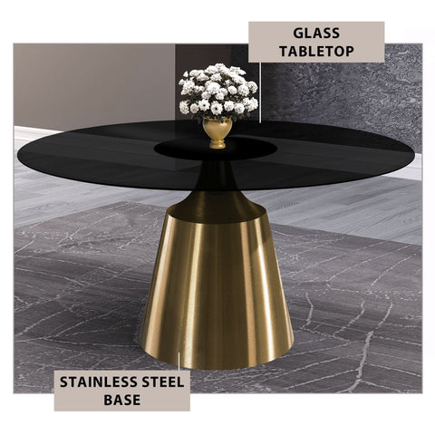 Prynn Modern Round Dining Table with a Sintered Stone/Glass Top in Black Stainless Steel Base